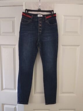 cabi Button Fly Skinny Dark Wash High-Rise Jeans with Red Waistband Size 6